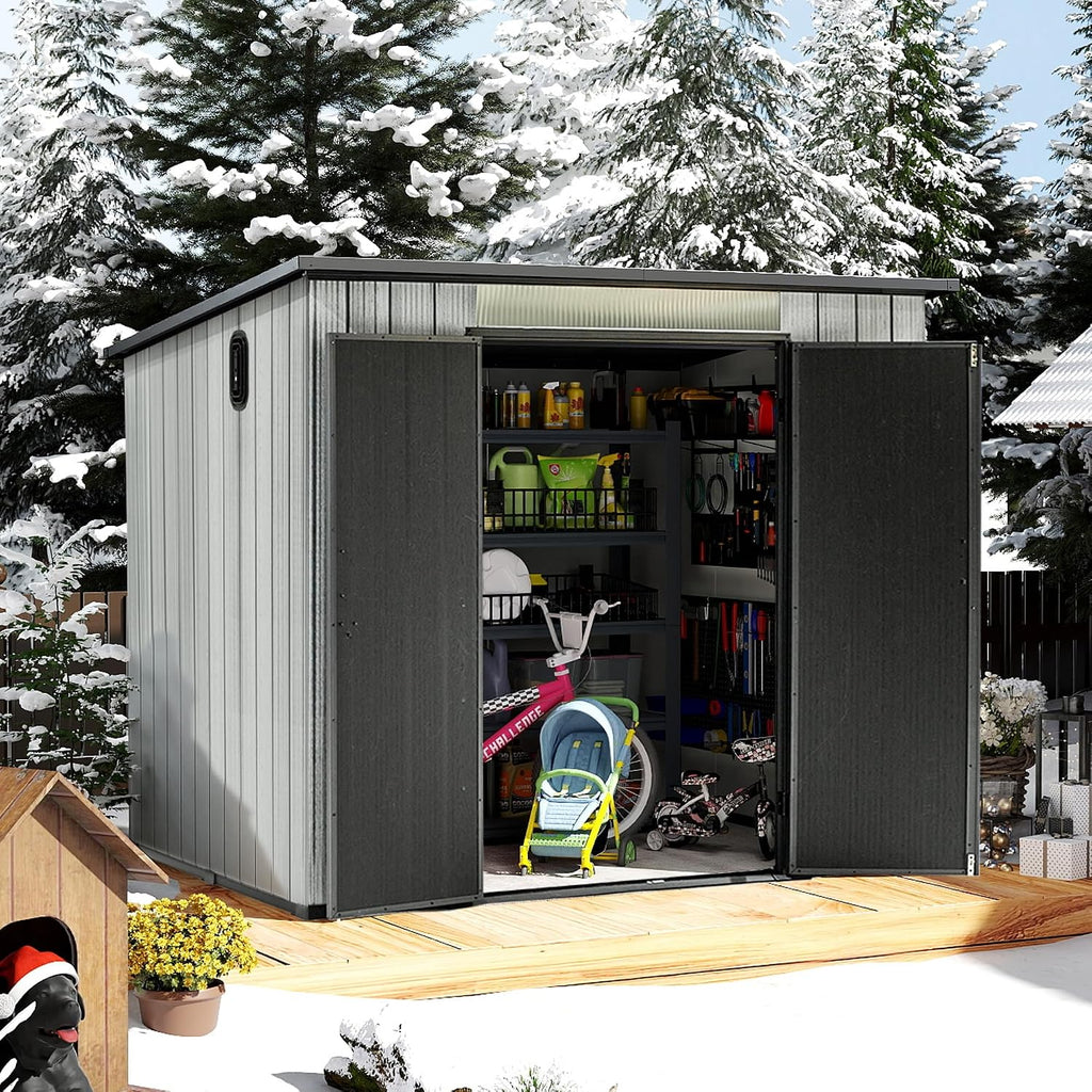 Domi 6x8FT Outdoor Resin Storage Shed, All-Weather Double-Wall Storage Building with Sloping Roof for Backyard, Garden, Lawn Tools, Mower, Bike & Pool Equipment, Lockable Doors, Ventilated Roof