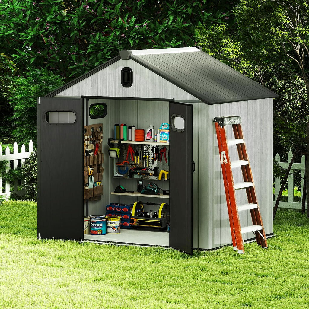 Domi 8x6FT Outdoor Resin Storage Shed with Transparent Windows & Louvered Vents, Plastic Tool Shed with Double Lockable Doors & Gable Roof, Outside Garden Shed for Backyard, Patio, Lawn, Grey