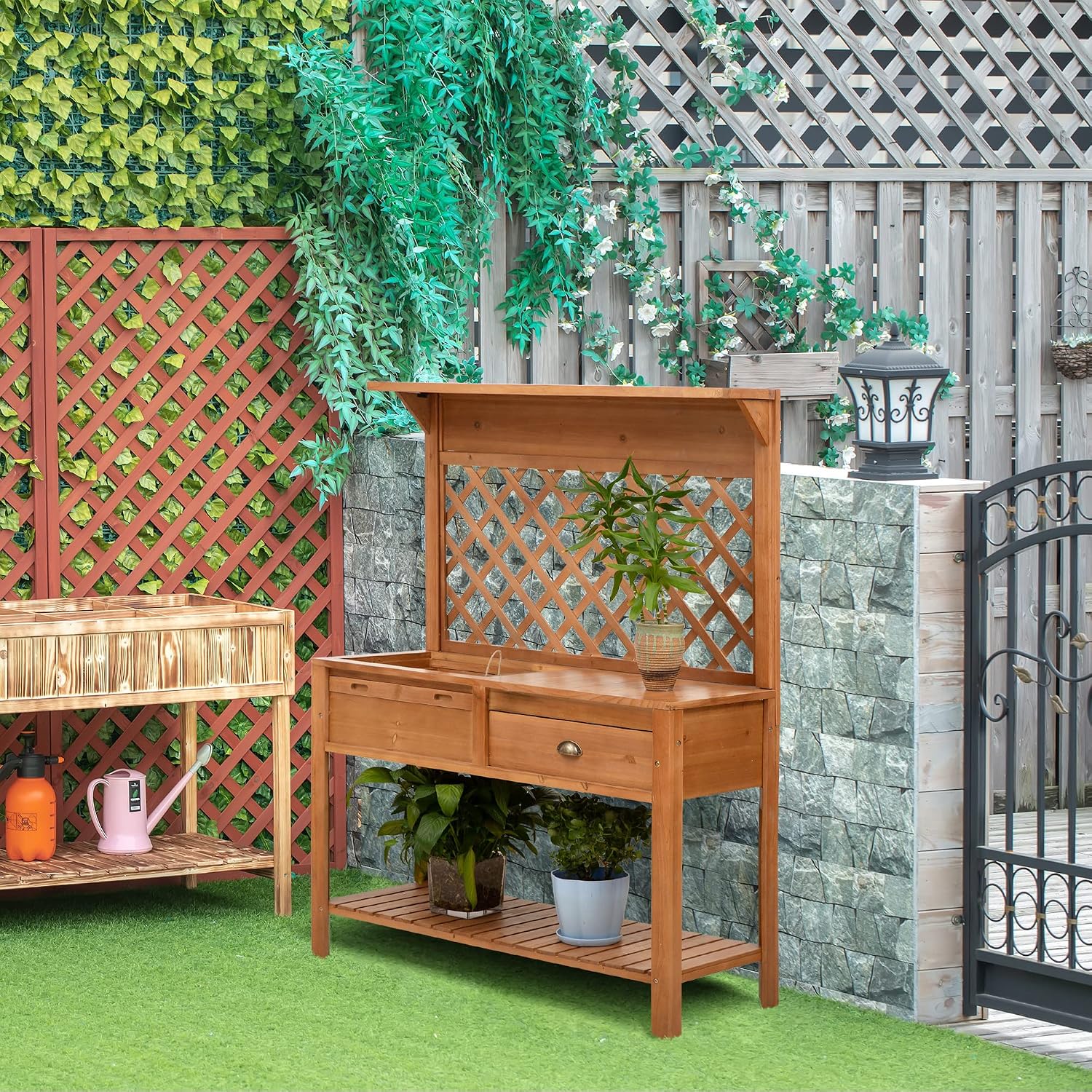 Outsunny Garden Potting Bench, Outdoor Wooden Workstation Table w/Metal Screen, Drawer, Hooks, Storage Shelf, and Lattice Back for Patio, Backyard and Porch, Natural