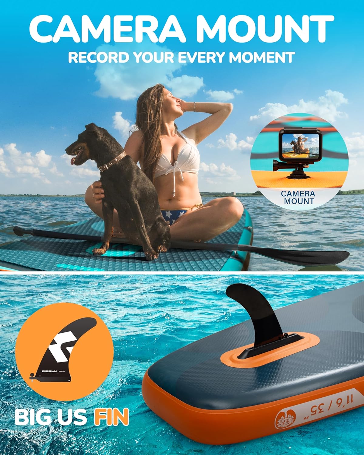 Bigfly 11'6×35' Super Wide Inflatable Stand Up Paddle Board, Ultra Stable Wide SUP for 2+1 People/Family/Big Size, 100L Backpack, All-Round Sup Board, US Big Fin