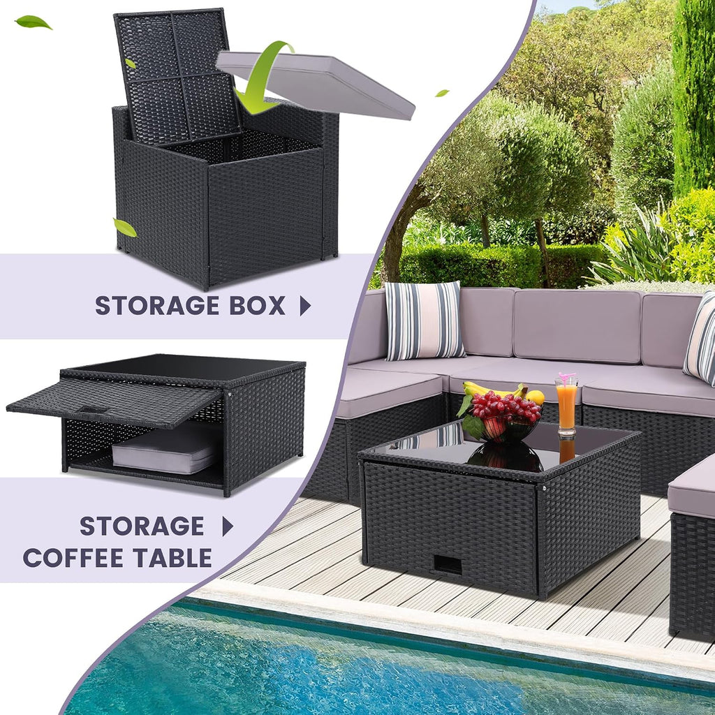 KROFEM 8-Piece Patio Furniture Set, Outdoor Wicker Rattan Sectional with Thick Cushions, Glass Top Table with Hidden Storage, Outdoor Conversation Set for Backyard, Porch, Patio, Black and Grey