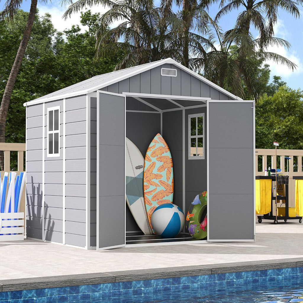 UDPATIO Resin Storage Shed 8 x 6 FT, Outdoor Garden Sheds with Floor Plastic Patio Outdoor Storage Shed with Lockable Door, Gray White