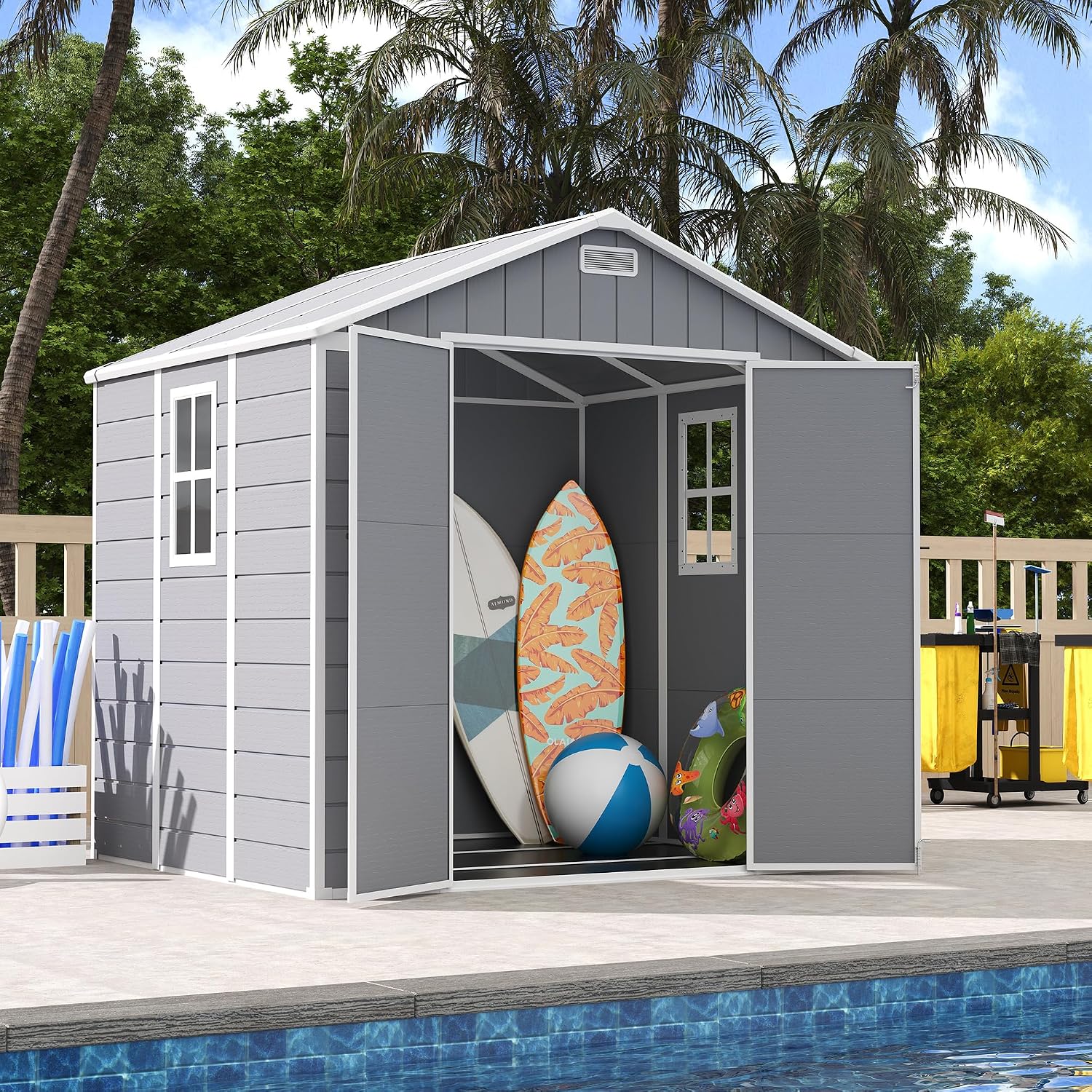 UDPATIO Resin Storage Shed 8 x 6 FT, Outdoor Garden Sheds with Floor Plastic Patio Outdoor Storage Shed with Lockable Door, Gray White