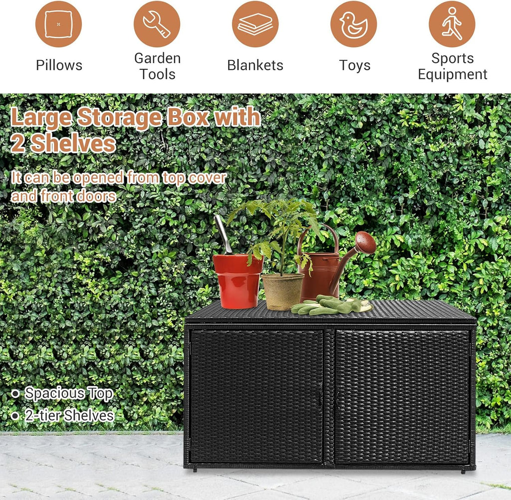 Giantex Rattan Deck Box Outdoor&Indoor 88 Gallon Wicker Storage Bench W/Separate Storage Shelf, Openable Door, Steel Fram, Tools Storage for Patio,Garden, Balcony, Porch, Yard Storage Box (Black)