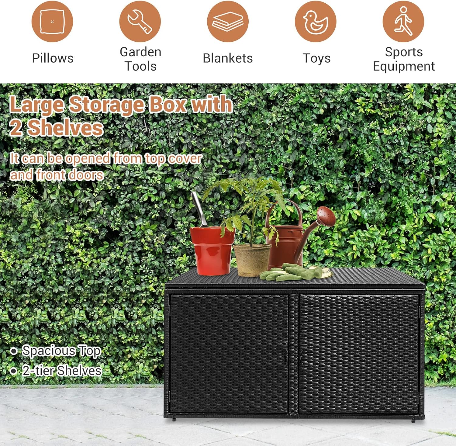 Giantex Rattan Deck Box Outdoor&Indoor 88 Gallon Wicker Storage Bench W/Separate Storage Shelf, Openable Door, Steel Fram, Tools Storage for Patio,Garden, Balcony, Porch, Yard Storage Box (Black)
