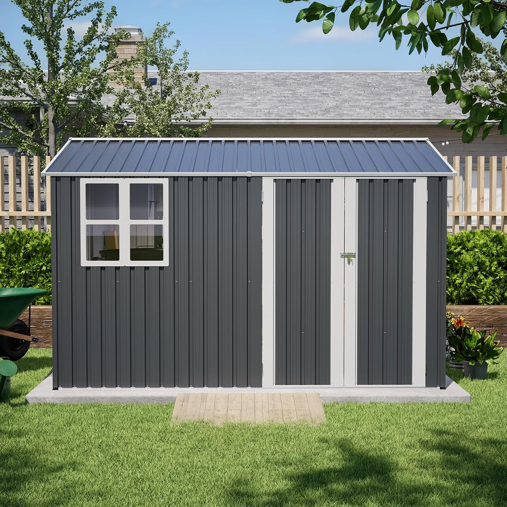 YOPTO 10X8 FT Outdoor Storage Shed,Metal Shed W/Window,Floor Frame & Lockable Swing Door,Garden Tool House W/ 4 Air Vents & Sloped Roof,for Backyard Patio Lawn,Gray