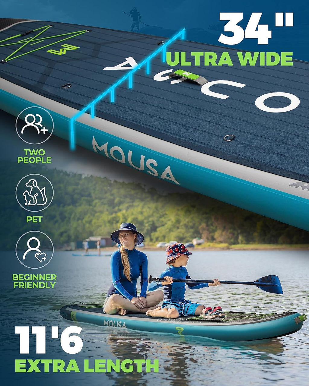 MOUSA 11'6'x35 Extra Wide Inflatable Stand Up Paddle Board, Stable Long SUP for 2 People/Family, Shoulder Strap, 3/5 Handles, 100L Backpack, All-Round Sup Board, Removeable Fin