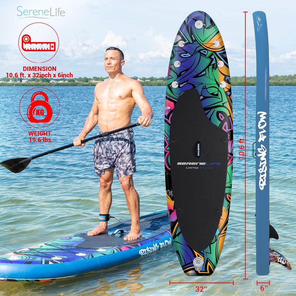SereneLife Inflatable Stand Up Paddle Board - Wide Stable Design, Non-Slip Deck for Adults & Youth with Premium Paddle Board Accessories: Carry Bag, Dual Action Pump, Paddle, Ankle Leash - 10'6'