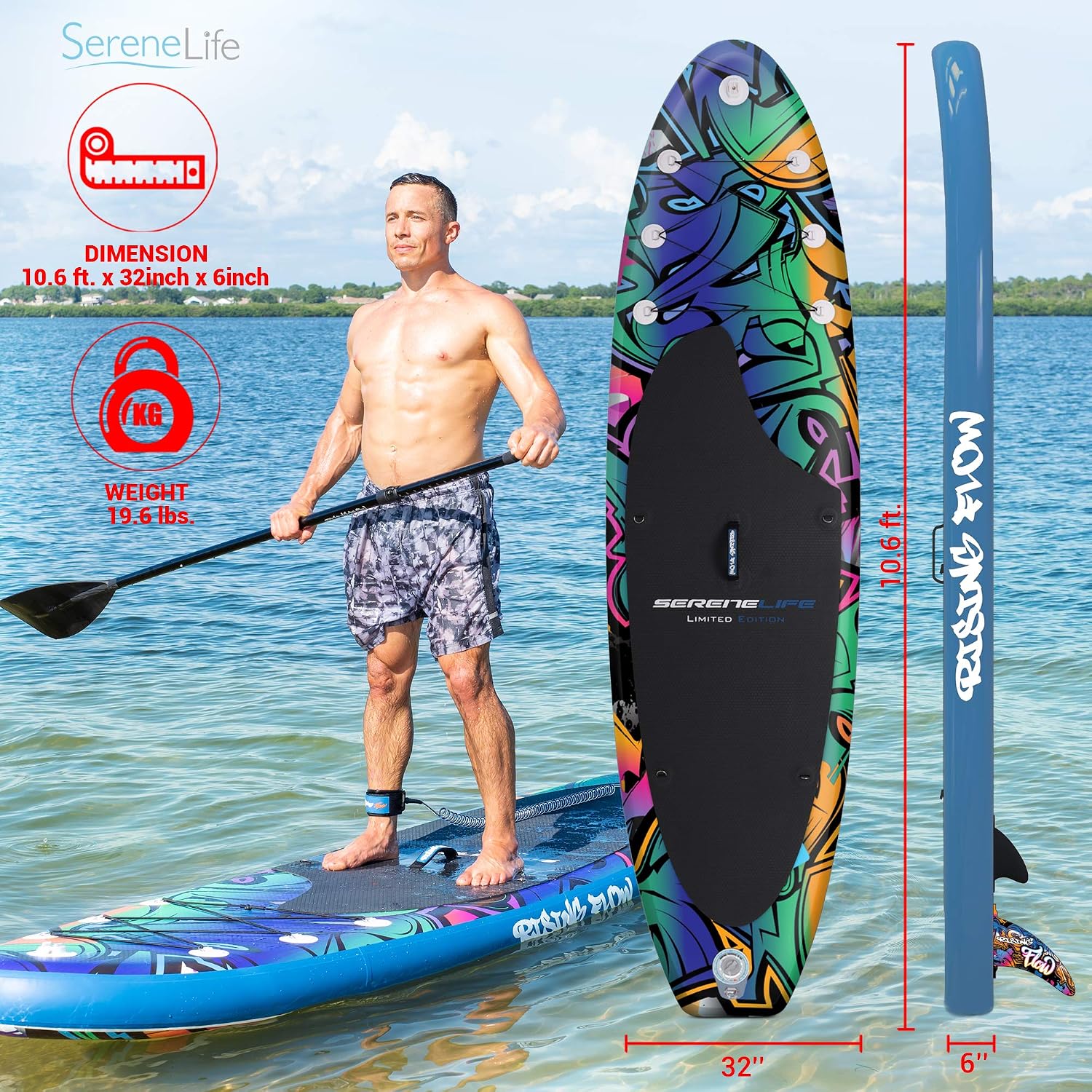 SereneLife Inflatable Stand Up Paddle Board - Wide Stable Design, Non-Slip Deck for Adults & Youth with Premium Paddle Board Accessories: Carry Bag, Dual Action Pump, Paddle, Ankle Leash - 10'6'