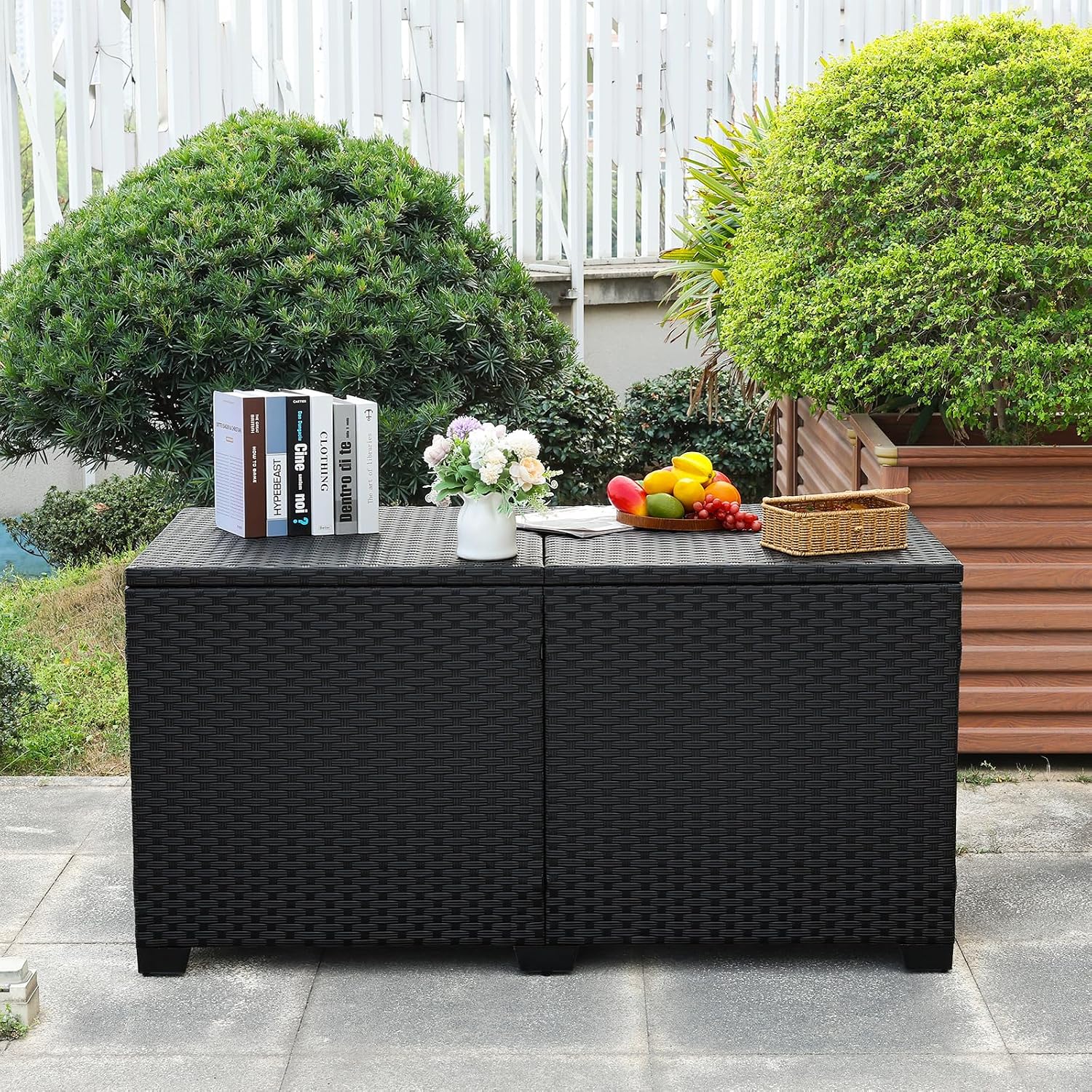 Rattaner 180 Gallon Outdoor Storage Box Large Patio Storage Bin with Waterproof Lining Bag Deck Storage Box and Cushion Storage Bin Outdoor, Black Wicker