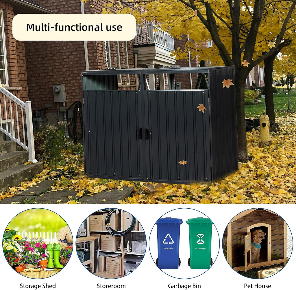 55.1 Cu.Ft Outdoor Trash Can Storage Shed, Metal Trash Can Storage Bin with Spring Chain Lid for Garbage Storage, Waterproof Storage Shed Stores for 2 Trash Cans, Garden Tools, Black
