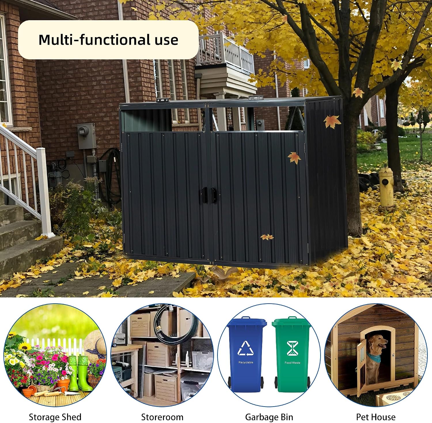 55.1 Cu.Ft Outdoor Trash Can Storage Shed, Metal Trash Can Storage Bin with Spring Chain Lid for Garbage Storage, Waterproof Storage Shed Stores for 2 Trash Cans, Garden Tools, Black