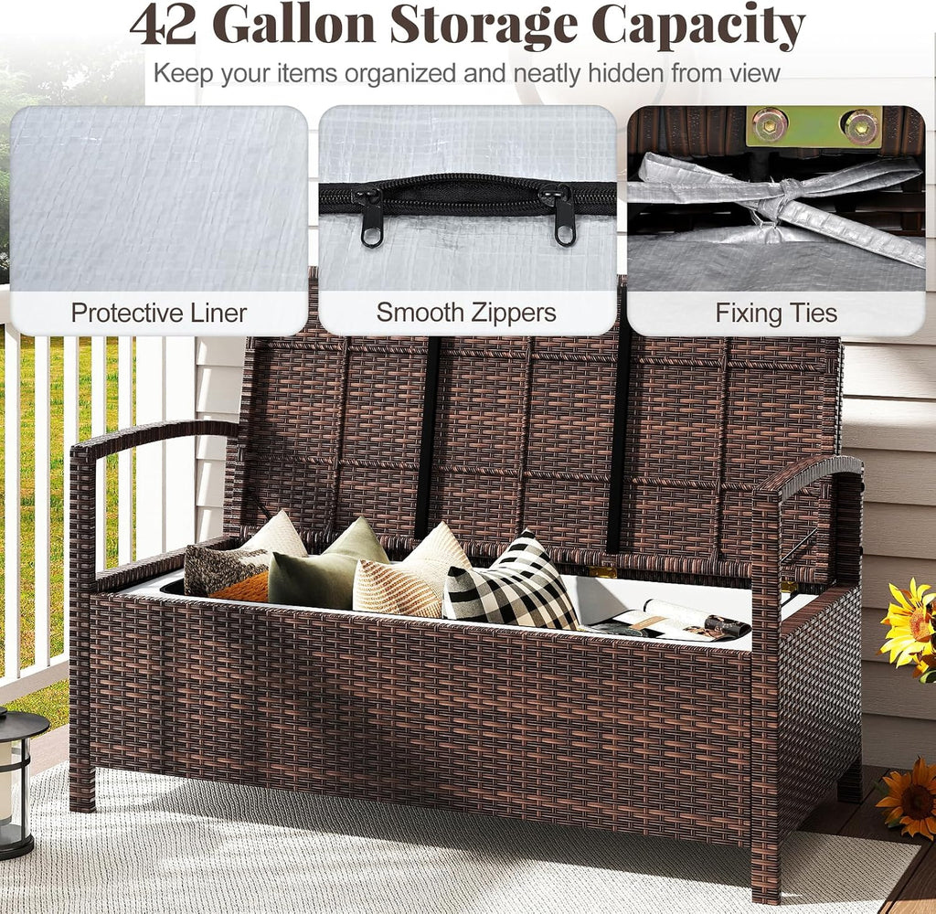Tangkula 42 Gallon Outdoor Bench with Storage, Outdoor PE Rattan Storage Bench with Cushion, Backrest & Acacia Wood Armrests, Metal Frame, Waterproof Deck Box Seat for Porch Backyard Poolside