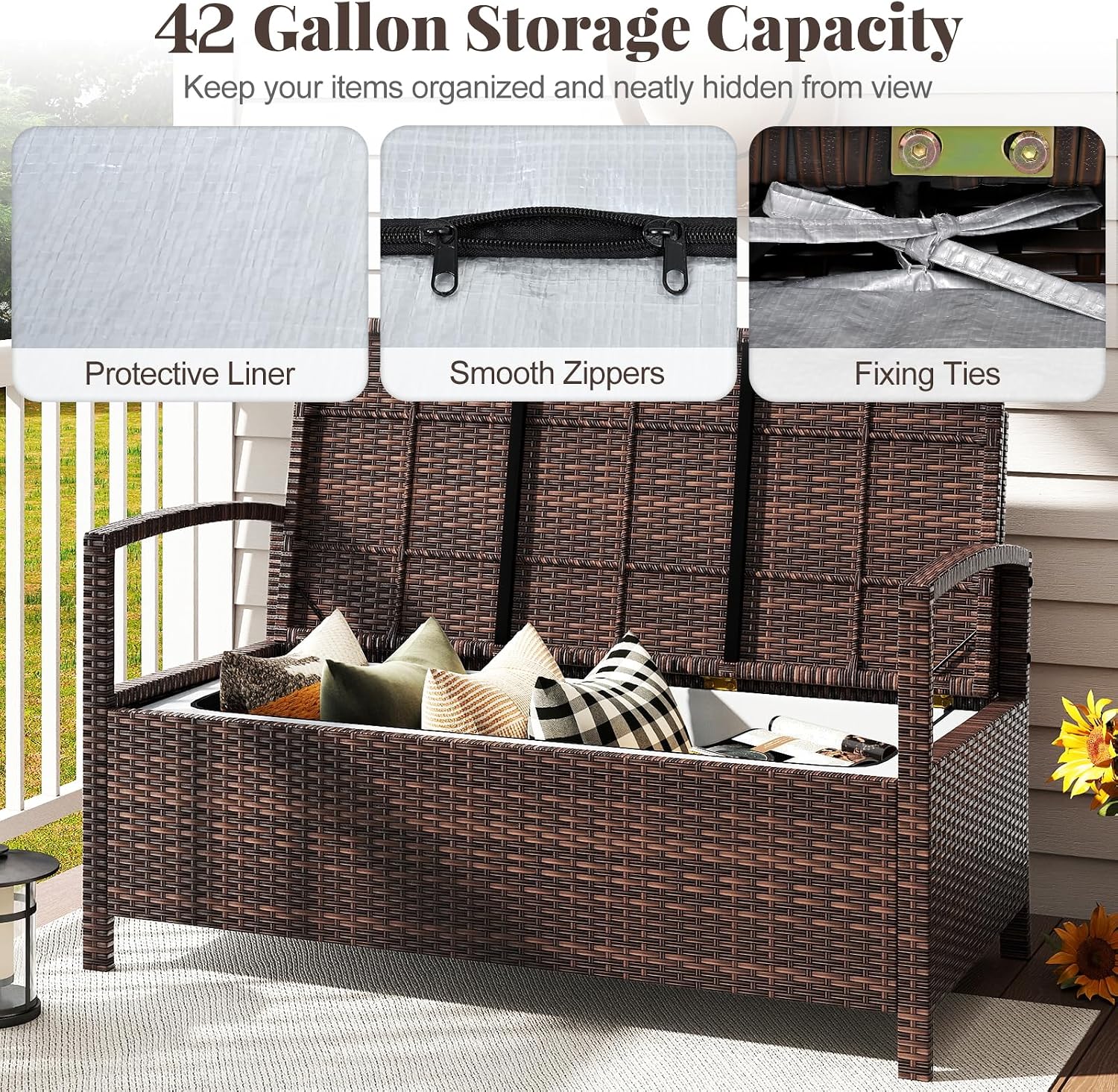 Tangkula 42 Gallon Outdoor Bench with Storage, Outdoor PE Rattan Storage Bench with Cushion, Backrest & Acacia Wood Armrests, Metal Frame, Waterproof Deck Box Seat for Porch Backyard Poolside