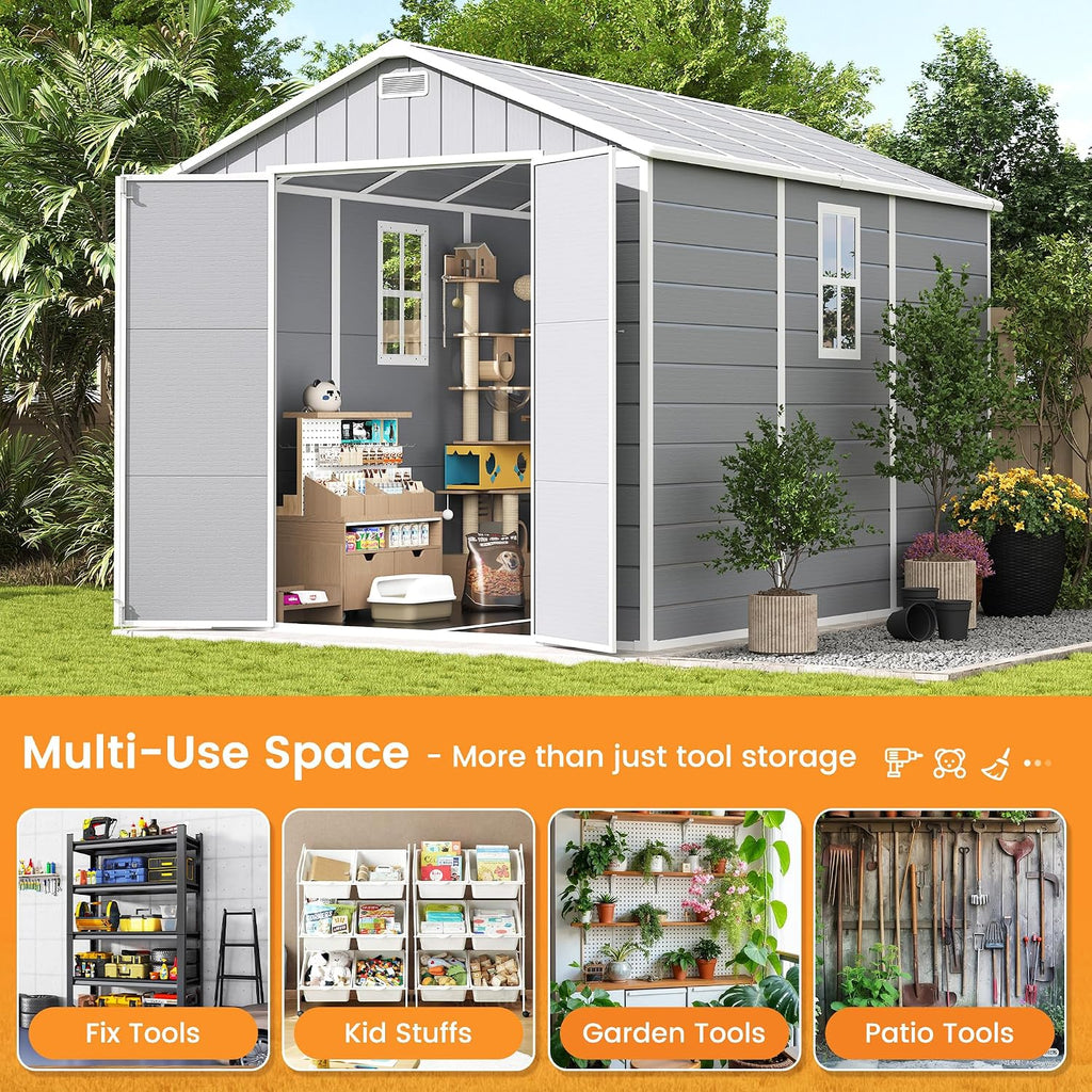 UDPATIO Storage Shed 8 x 10 FT, Resin Sheds & Outdoor Storage with Floor Large Clearance Outdoors Plastic Garden Tool Shed Tuff Outside Cottage Shed with Lockable Door for Bike, Garbage Gray White