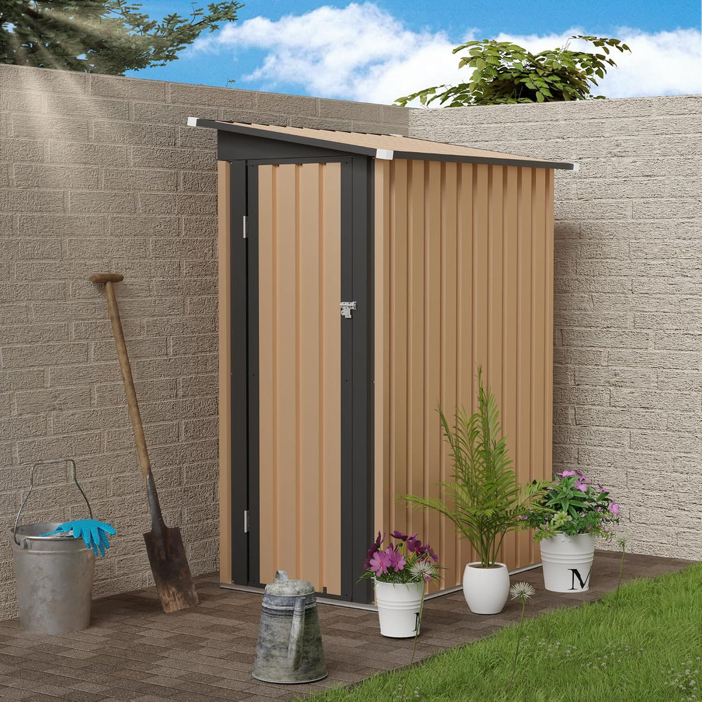 YOPTO 4.27x2.42 FT Outdoor Storage Shed, Metal Garden Tool Shed with Sloped Roof & Hinge Door for Backyard,Patio Lawn,Black+Brown