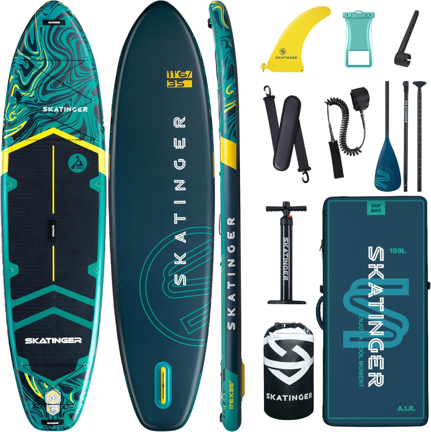 Skatinger 11'6×35' Super Wide Inflatable Paddle Board, Ultra Stable Stand Up Paddleboards for 450lb/3 People/Family/Big Size w/Shoulder Strap, 100L Backpack, Ultra-Light All-Round Sup Board