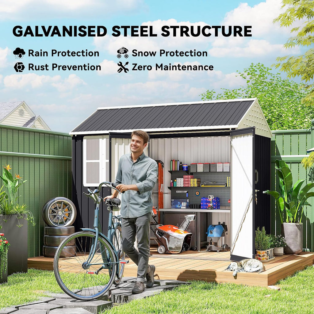 Outsunny 8' x 6' Outdoor Storage Shed, Metal Garden Shed with Window & Double Lockable Door, Outdoor Tool Shed Storage with Sloped Roof for Backyard, Patio, Garage, Lawn, Dark Gray