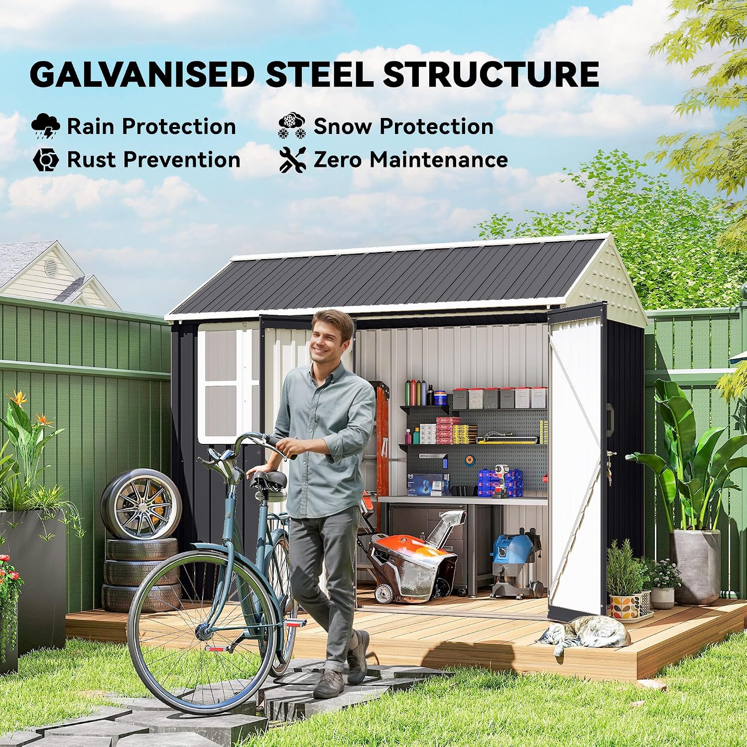 Outsunny 8' x 6' Outdoor Storage Shed, Metal Garden Shed with Window & Double Lockable Door, Outdoor Tool Shed Storage with Sloped Roof for Backyard, Patio, Garage, Lawn, Dark Gray