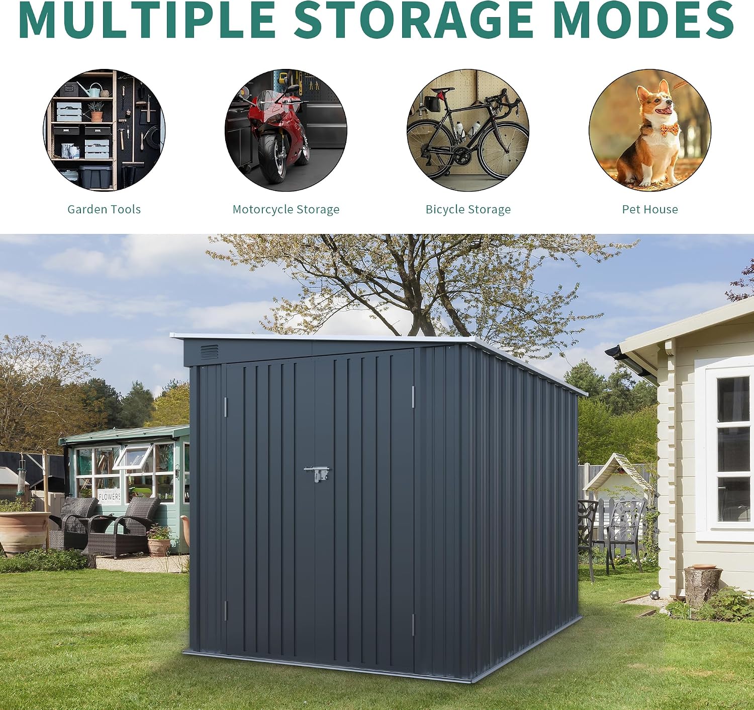 KEIKI 6X8 FT Galvanized Steel Outdoor Storage Shed with Lockable Double Doors, Waterproof Metal Lean to Shed with Free PC Light Board for Tools, Bikes & Patio Essentials, Carbon Black
