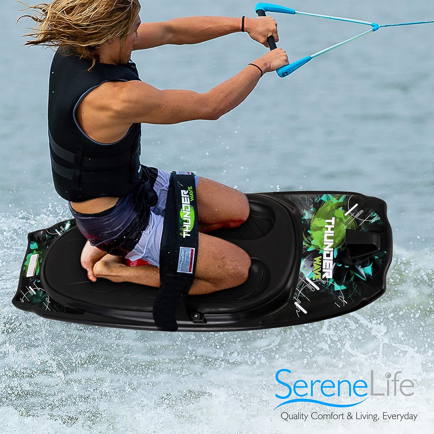 SereneLife Thunder Wave Kneeboard, with Strap and Hook for Kids & Adults | Universal Water Sport Kneeboard for Boating, Waterboarding, Kneeling Boogie Boarding, Knee Surfing (Black/Green)
