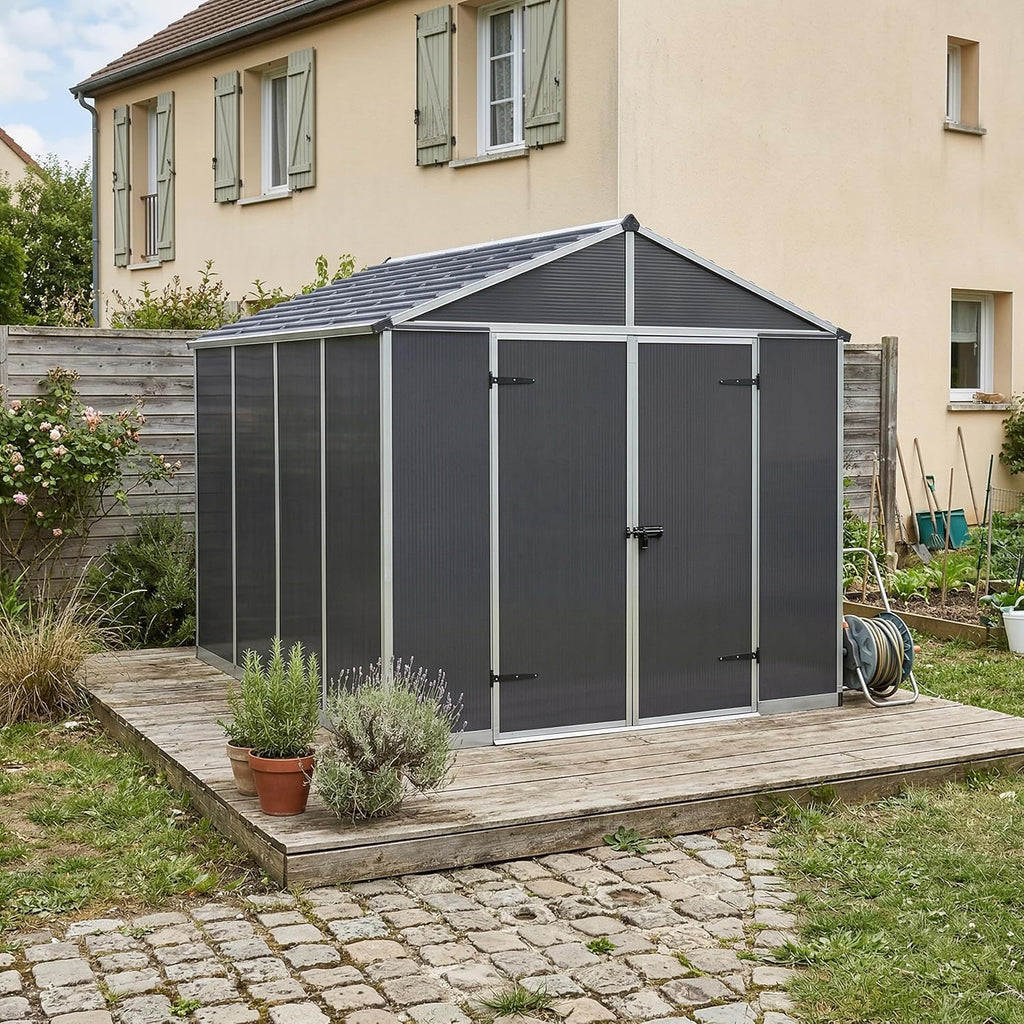 Palram Canopia Rubicon Storage Shed, 8' x 10' DIY Backyard Shed, Gray Polycarbonate Panels and Aluminum Frame, Sheds & Outdoor Storage for Lawn Mower, Bike, Garden Tools, Outdoor Storage Box Shed