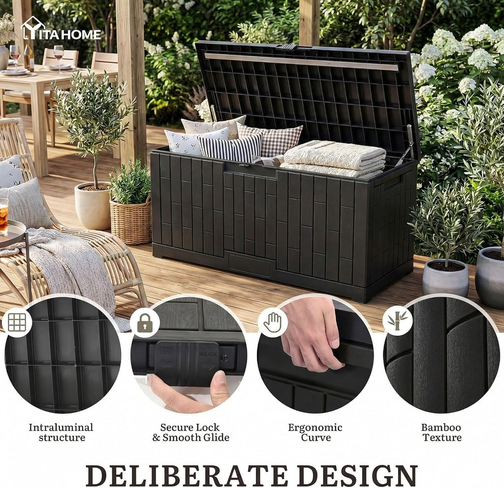 YITAHOME 120 Gallon Large Deck Box, 53'L x 22.7'W x 25.5'H Resin Outdoor Storage Box with Slide-Locking Lid for Patio Cushions, Garden Tools, Pool Supplies, Easy Assembly, Waterproof Lockable, Black
