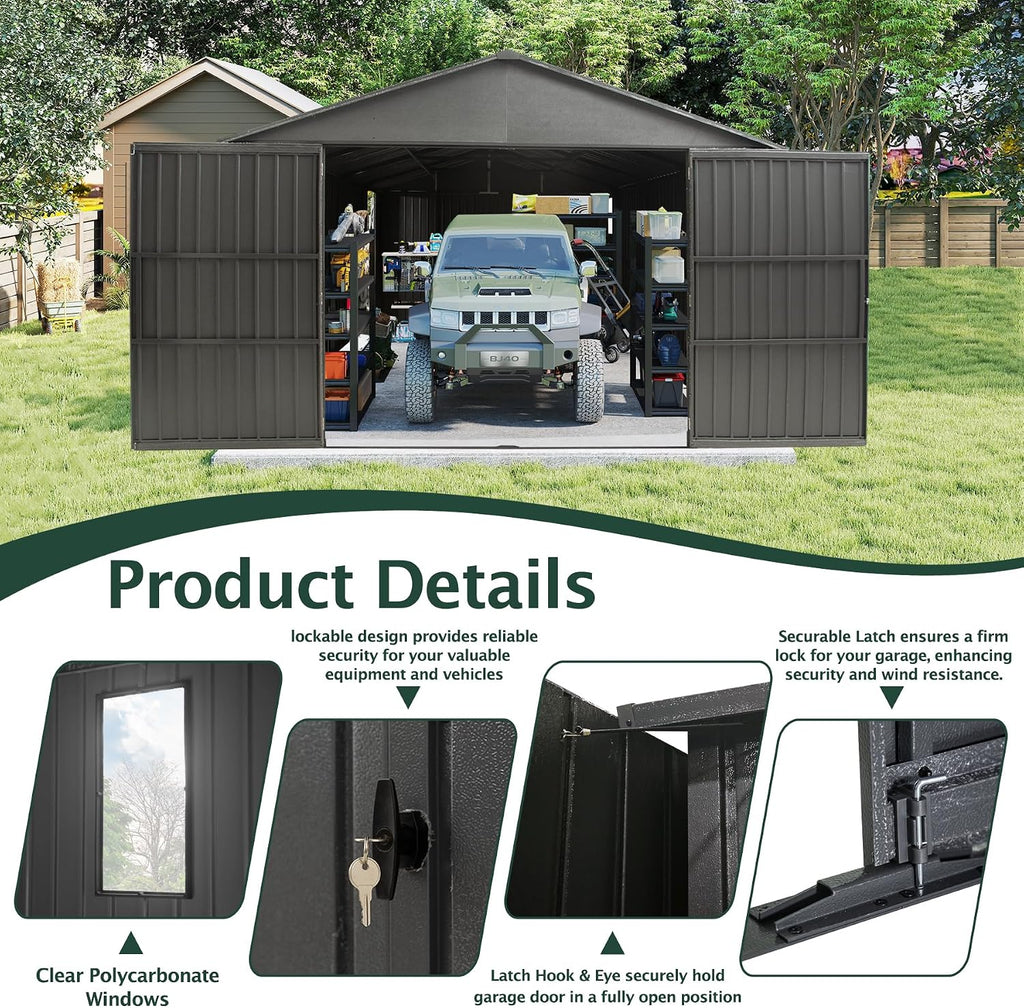 Domi 12'x20' Outdoor Metal Garage Shed, All Weather Enclosed Carport with Sidewalls & 2 Lockable Doors, Extra Large Backyard Storage Shed for Car, Truck, Lawn Mower, 80MPH Wind Resistance, Dark Grey
