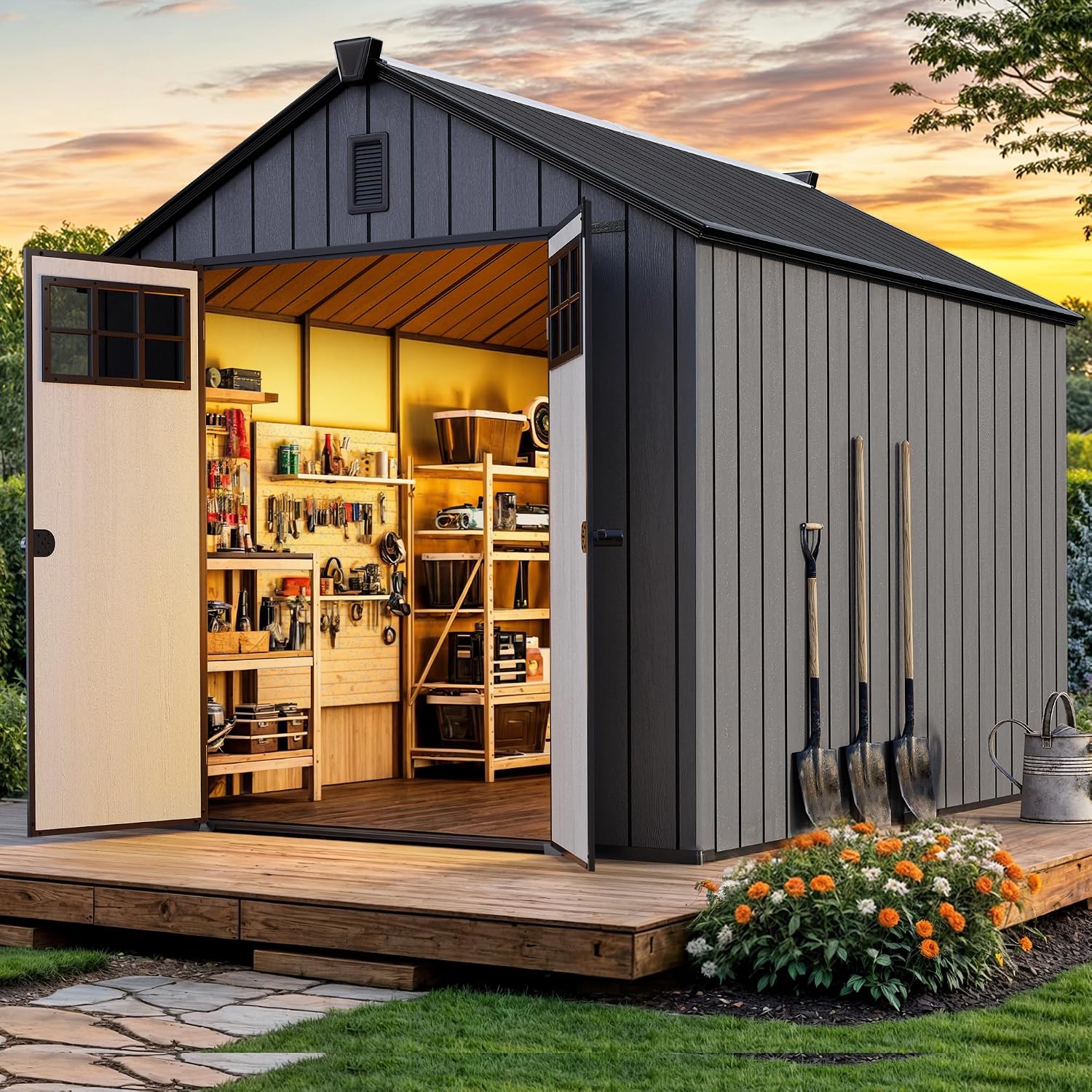 YITAHOME Large Outdoor Storage Shed 8x10 Ft, Extra Thick Plastic Storage Sheds with Floor, Lockable Doors, Vision Grid Windows, Vents, 16mm Heavy Duty Garden Storage for Bikes Mowers and Tools, Black
