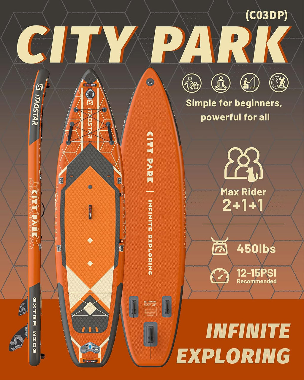 iTAOSTAR City Park 12'×35' Extra Wide Paddle Board with Seat, One-Stop Premium SUP Board Gears, Tailored 5 Fins, Stable Inflatable Stand Up Paddle Boards for Youth/Adults of All Levels