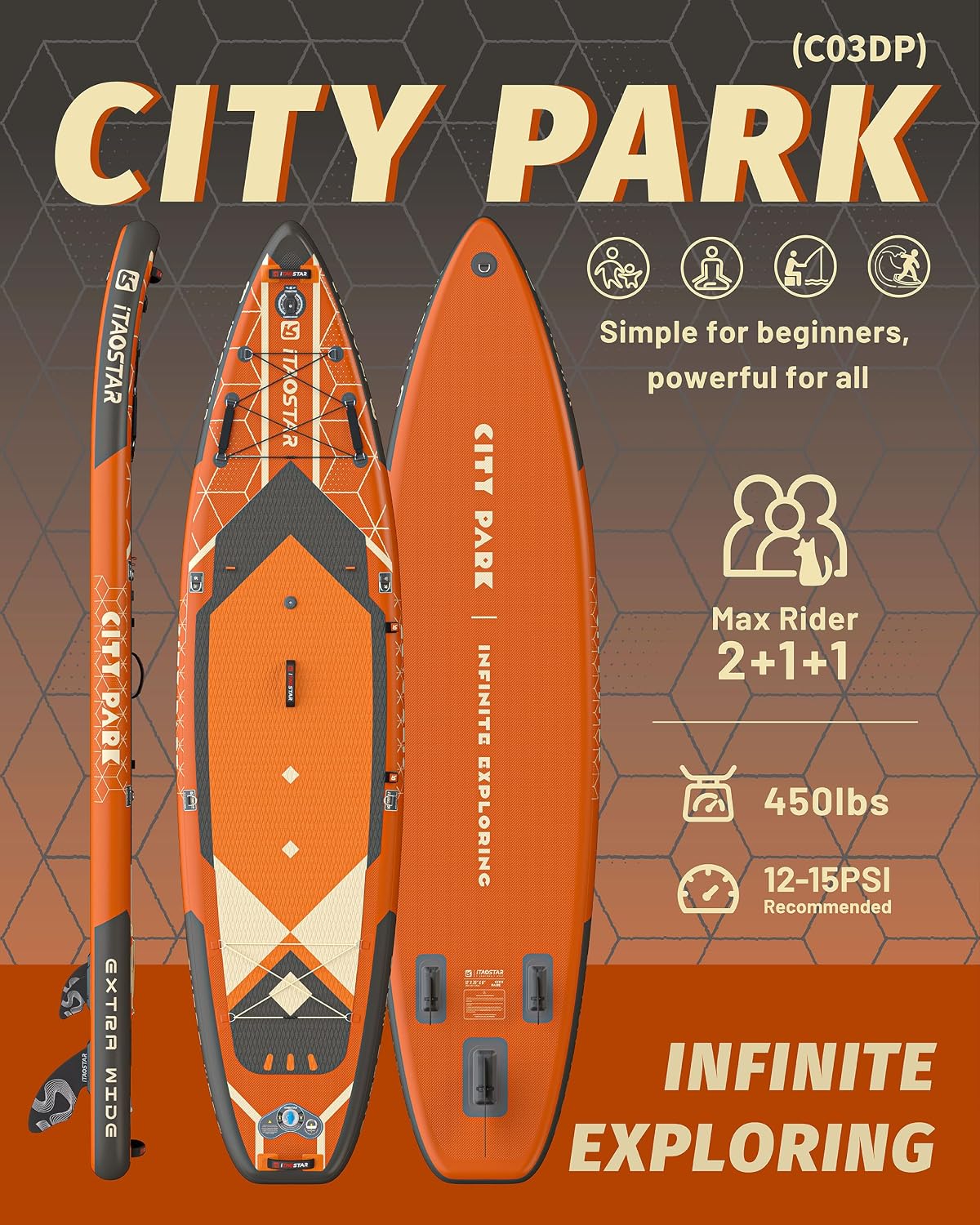 iTAOSTAR City Park 12'×35' Extra Wide Paddle Board with Seat, One-Stop Premium SUP Board Gears, Tailored 5 Fins, Stable Inflatable Stand Up Paddle Boards for Youth/Adults of All Levels