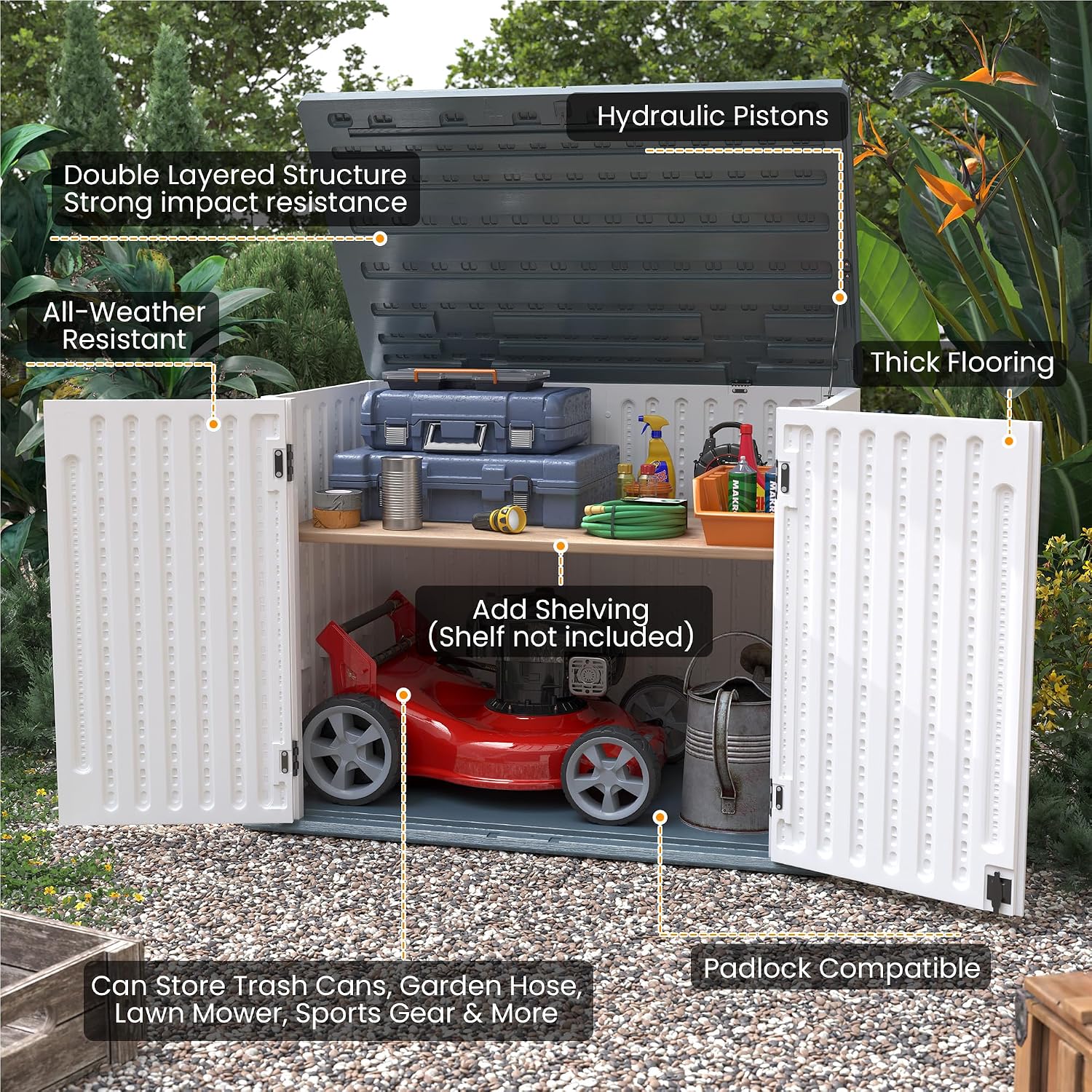 UDPATIO Outdoor Storage Cabinet 35 Cu Ft, Resin Horizontal Outdoor Trash Can Storage Box Lockable Shed 4 x 2 ft for Garbage, Garden Tools, Lawn Mowers