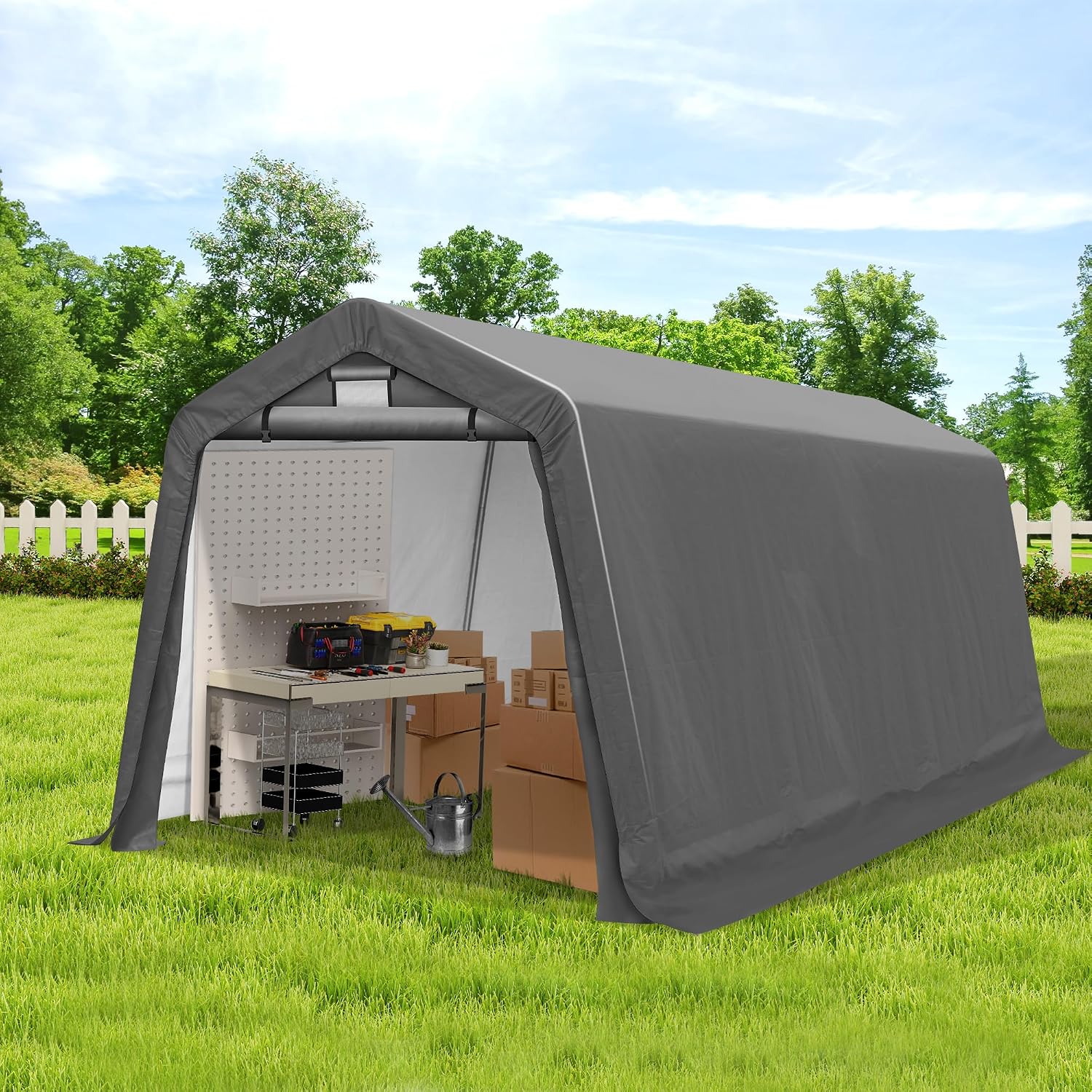COVERONICS 8' x 14' Outdoor Storage Shed - Heavy Duty Portable Shelter Carport with Ventilation Windows and Roll-up Doors, Storage Shelter Tent for Motorcycle, Bike, Lawnmower and Garden Tools, Grey