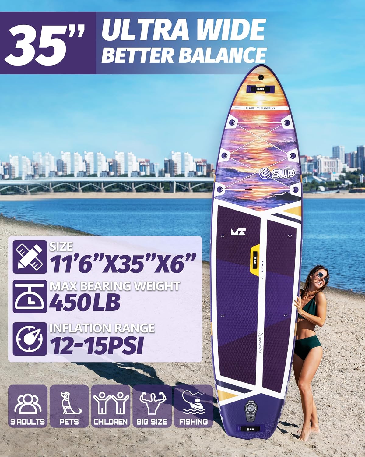 ESUP 11'6 ×34/35' Super Wide Inflatable Paddle Board with SUP Accessories, Extra Stable Stand Up Paddleboards for 2+1 Persons/Family/Beginner/Yoga, w/Shoulder Strap All-Round Sup Board
