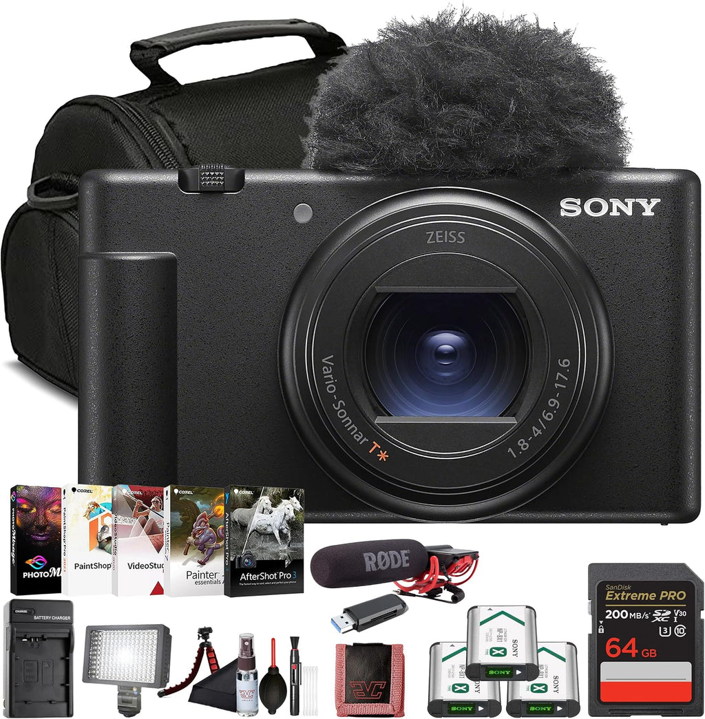 Sony ZV-1 II Compact Vlogging Camera (ILCZV-1M2/B) – 20.1 MP 1″ Sensor, 18–50 mm Wide-Angle Zoom, 4K Video w/Pro Mic, 64GB Card, Photo Software, 2 x NP-BX1 Battery, Card Reader and More