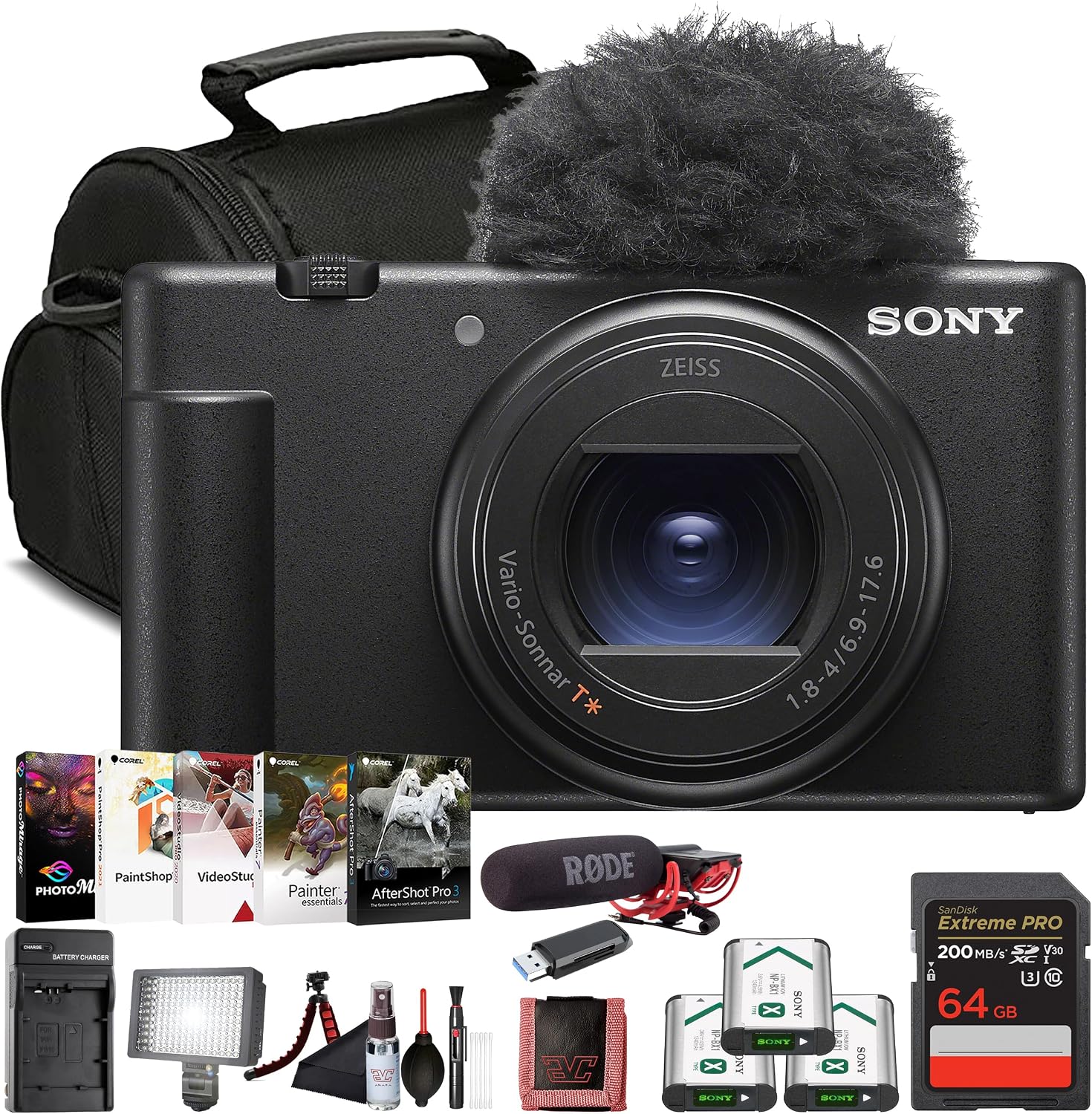 Sony ZV-1 II Compact Vlogging Camera (ILCZV-1M2/B) – 20.1 MP 1″ Sensor, 18–50 mm Wide-Angle Zoom, 4K Video w/Pro Mic, 64GB Card, Photo Software, 2 x NP-BX1 Battery, Card Reader and More