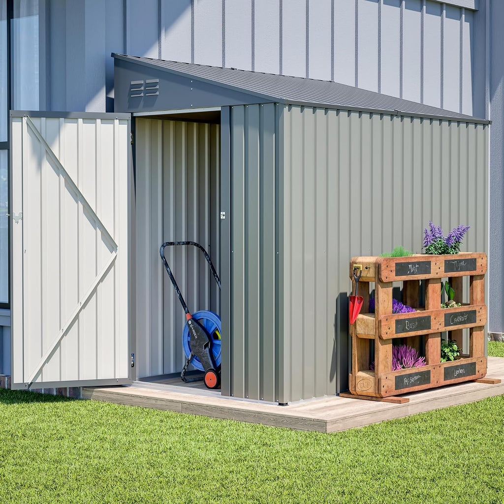 YOPTO 4×7 FT Outdoor Metal Storage Shed,Heavy-Duty Lean to Storage Shed with Lockable Door and Reinforced Beams,All Weather Waterproof Storage House W/2 Air Vents,for Backyard,Patio,Lawn,Gray