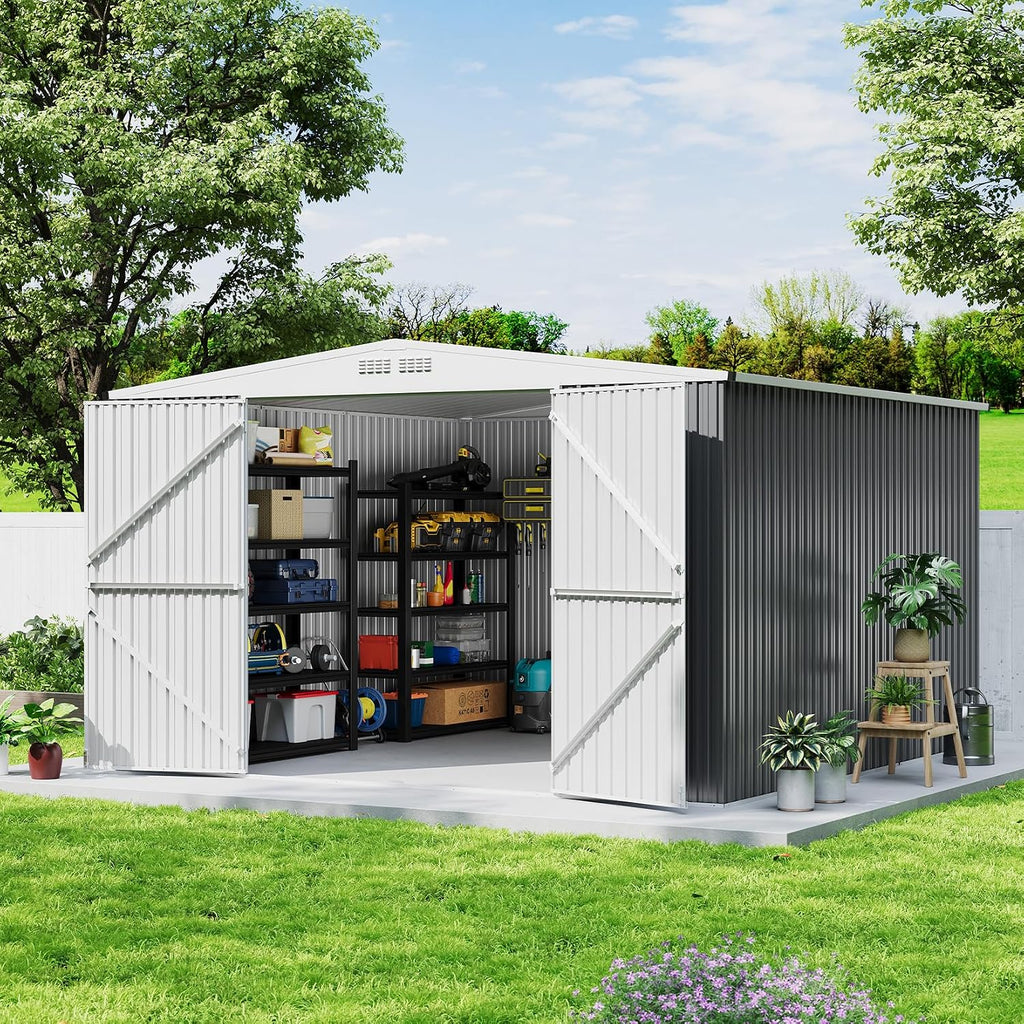 GarveeLife 9x12 Shed for Outdoor Storage, Galvanized Steel Metal Tool Sheds House with Lockable Doors, Lock & Air Vent, Large Utility Sheds for Patio Garden Lawn (9x12.6, Grey)