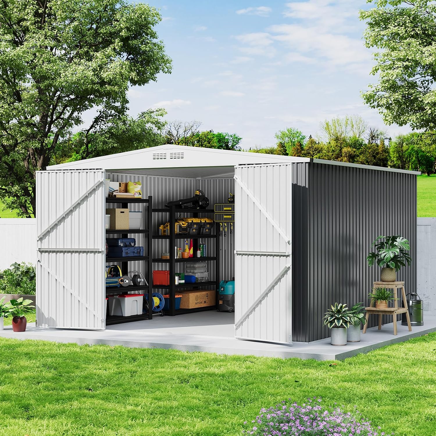 GarveeLife 9x12 Shed for Outdoor Storage, Galvanized Steel Metal Tool Sheds House with Lockable Doors, Lock & Air Vent, Large Utility Sheds for Patio Garden Lawn (9x12.6, Grey)