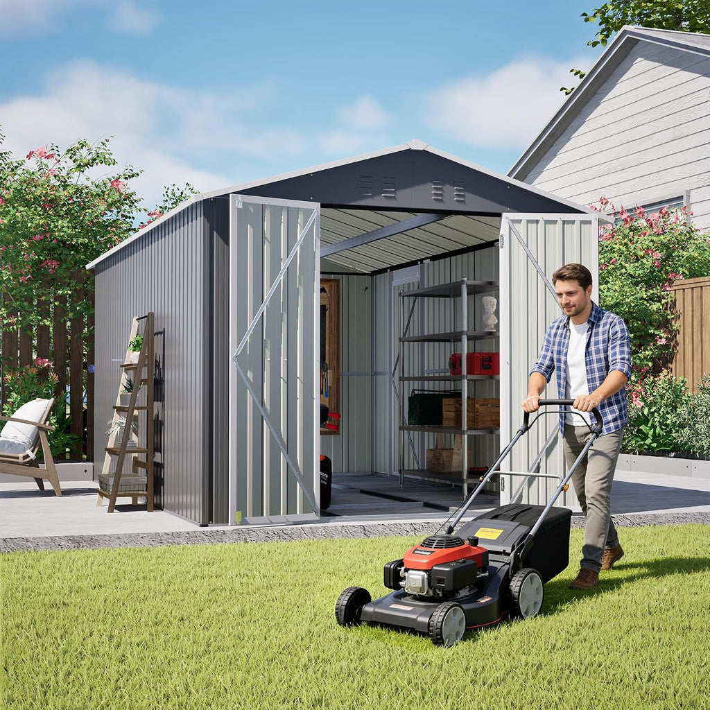 8x12 FT Outdoor Storage Shed, Utility Metal Tool Storage with Lockable Doors,Galvanized Steel FrameStructure, Metal Garden Shed for Backyard, Patio,Lawn