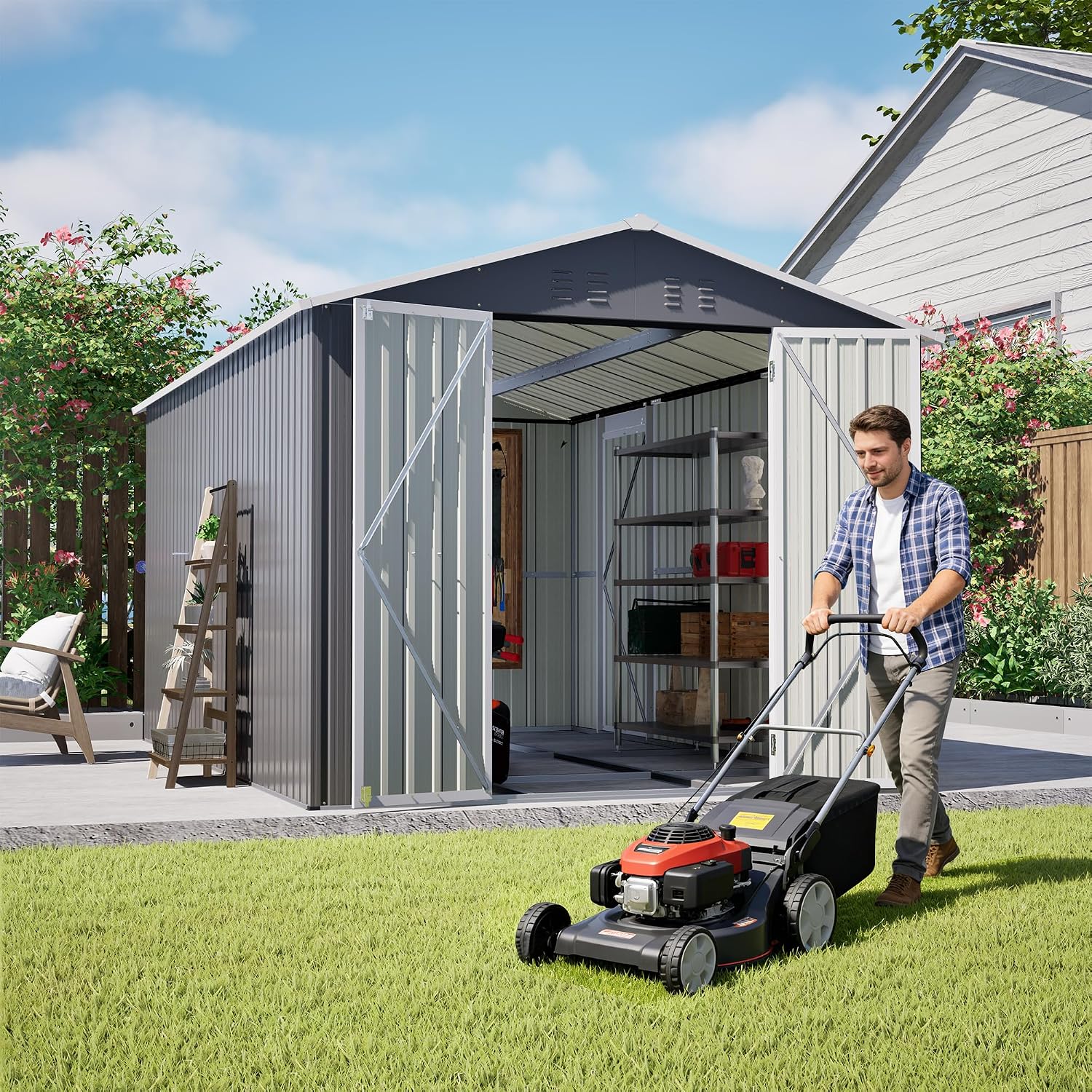 8x12 FT Outdoor Storage Shed, Utility Metal Tool Storage with Lockable Doors,Galvanized Steel FrameStructure, Metal Garden Shed for Backyard, Patio,Lawn