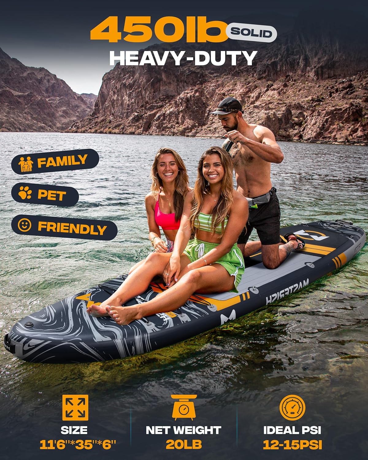Extra Wide Inflatable Paddle Board 11'6 x 35'' x 6'', 450 LB High Weight Capacity SUP, Wide Stable Stand Up Paddle Board for Heavy People, Family & 2/3 Person, XL All-Around Paddleboard