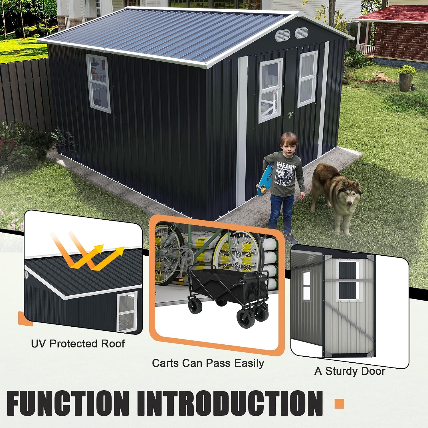 KEIKI 8x8 Metal Storage Shed with Protective Film, Four Daylight Windows, Lockable Doors, Heavy-Duty Color Steel Outdoor Storage Shed for Backyard Garden, Sheds & Outdoor Storage, Dark Gray