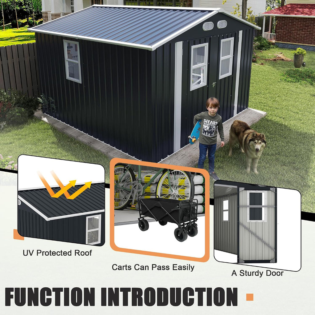 8x8 FT Outdoor Storage Shed:Heavy-Duty Metal Garden Sheds & Outdoor Storage Solution with 4 Daylight Windows,Lockable Doors,Waterproof&UV-Resistant,Shed for Backyard Tool Storage (Dark Gray)