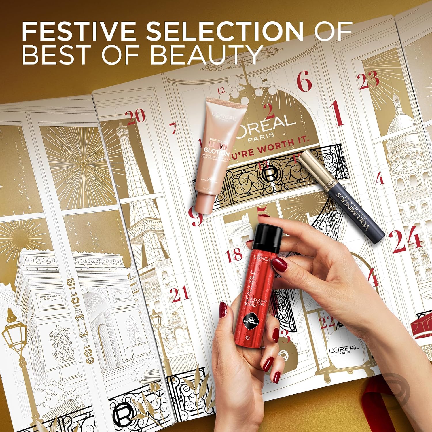 L'Oreal Paris 24 Day Beauty Advent Calendar 2025, Holiday Gift Set Includes Deluxe-Sized and Miniature Makeup, Skincare and Haircare Products