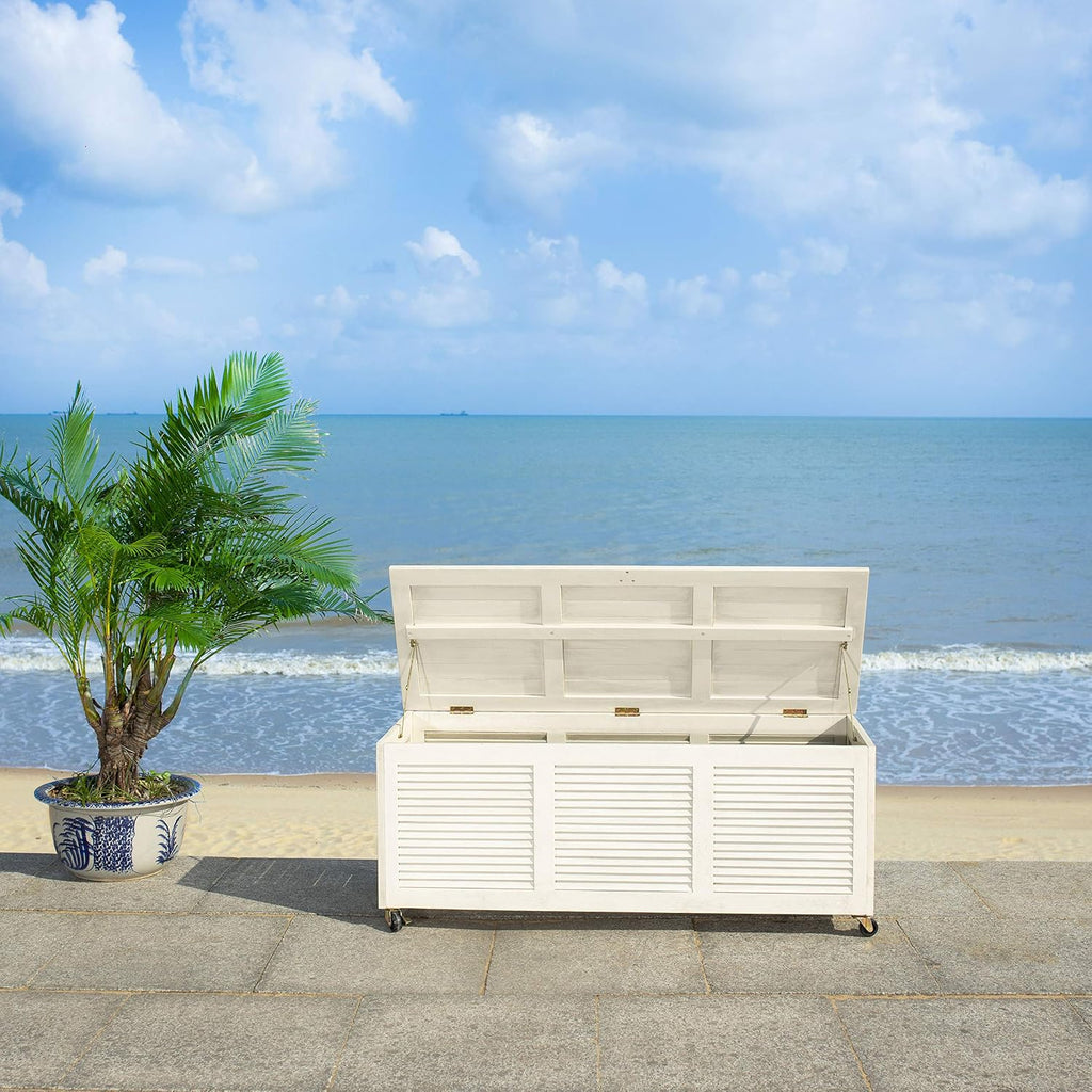 SAFAVIEH Outdoor - Elina Cushion Storage Box - White Washed Solid Wood - Coastal Resort Storage Bench Design - Ideal for Patio, Deck, Porch, Backyard, 18' W x 47' D x 19' H (PAT7038C)