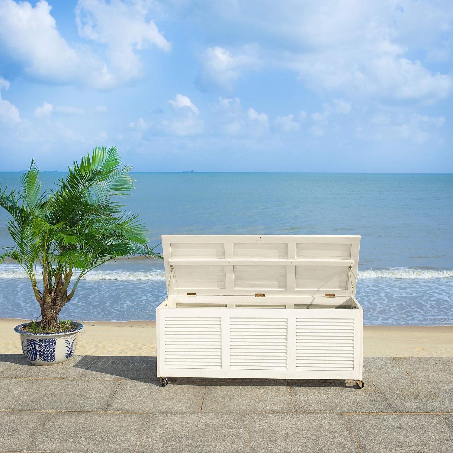 SAFAVIEH Outdoor - Elina Cushion Storage Box - White Washed Solid Wood - Coastal Resort Storage Bench Design - Ideal for Patio, Deck, Porch, Backyard, 18' W x 47' D x 19' H (PAT7038C)