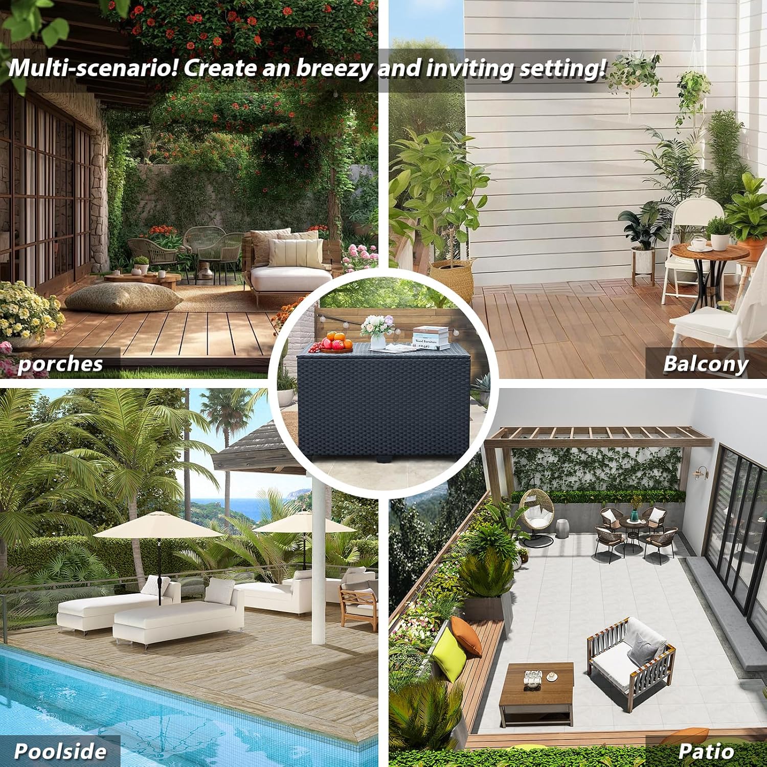 Rattan Star 140 Gallon Patio Storage Bin Wicker Outdoor Storage Box Waterproof Lining Bag Large Deck Box and Cushion Storage Bin Outdoor, Black Wicker