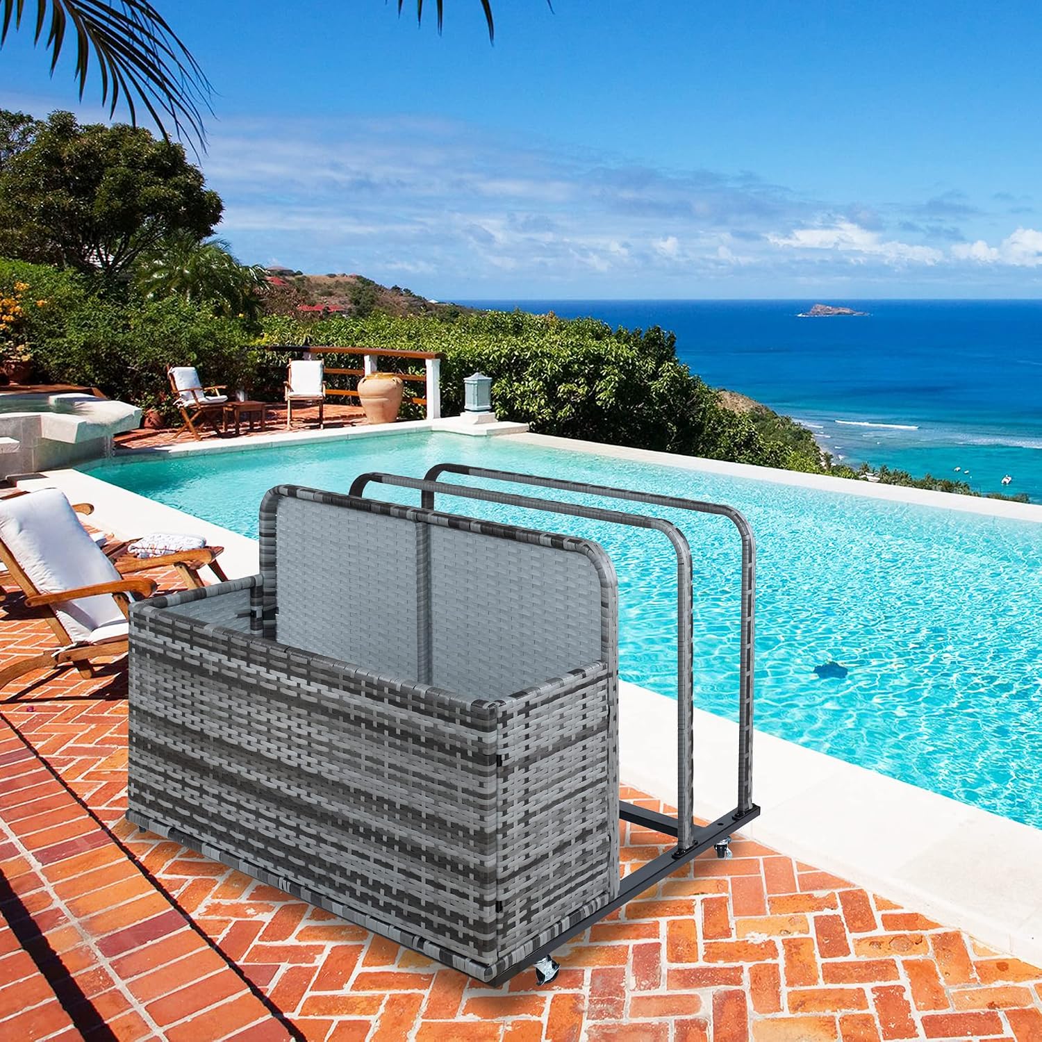 Outdoor Storage, Double Layer Poolside Float Storage, Patio Poolside Float Storage Basket, Storage Box, PE Rattan Outdoor Pool Caddy with Rolling Wheels for Floaties,Beach-Sturdy,Grey