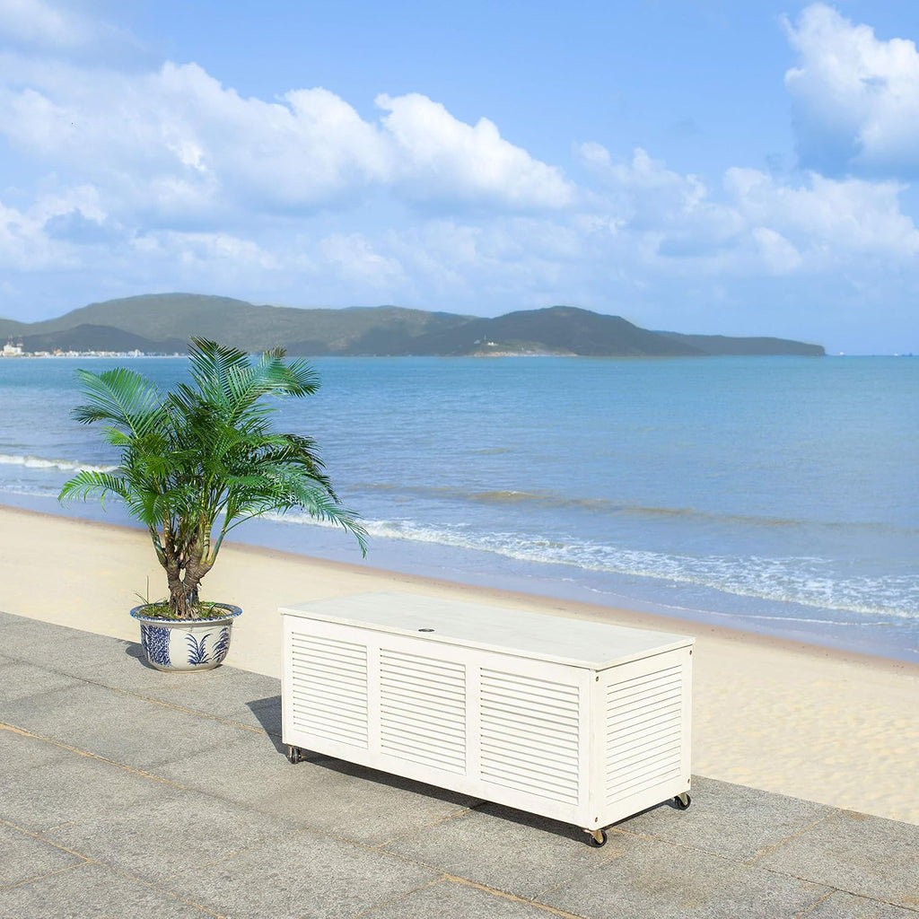 SAFAVIEH Outdoor - Elina Cushion Storage Box - White Washed Solid Wood - Coastal Resort Storage Bench Design - Ideal for Patio, Deck, Porch, Backyard, 18' W x 47' D x 19' H (PAT7038C)